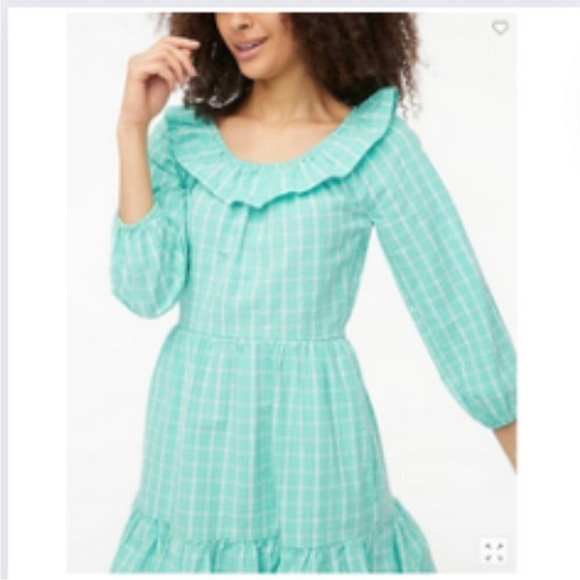 NEW J. Crew Seersucker Ruffleneck Cotton Mini Dress, Aqua Green Blue, SZ 0 - Picture 2 of 9